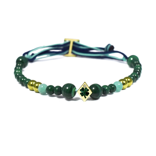 Bracelet Aloha Trèfle Or jaune, Diamant, perles de Malachite