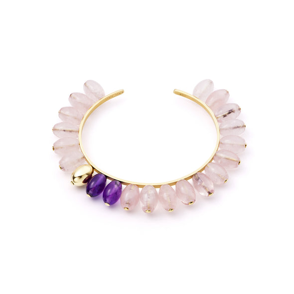 Manchette Tiare Or jaune, Quartz rose et Améthystes
