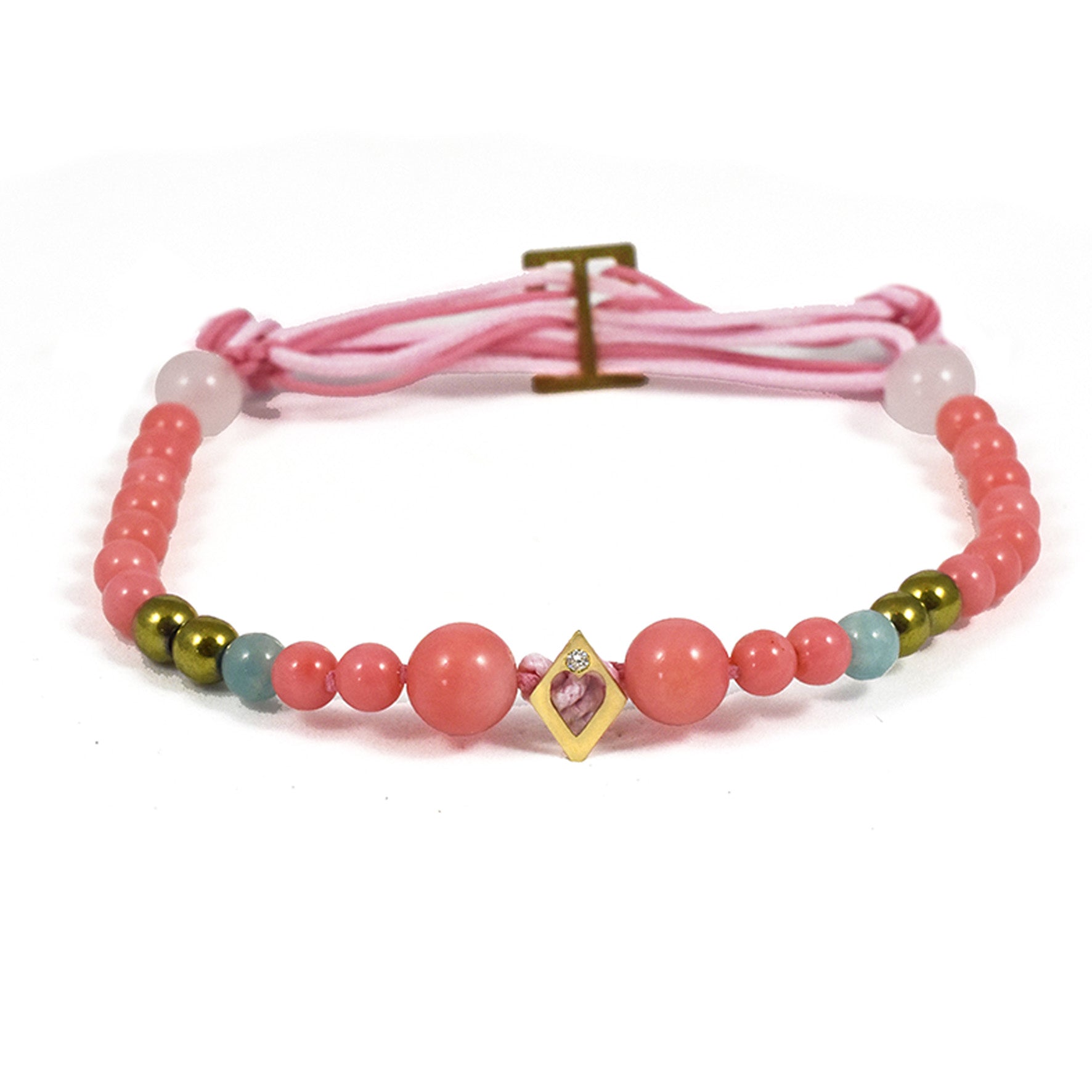 Bracelet Aloha Coeur Or jaune, Diamant, perles de Corail