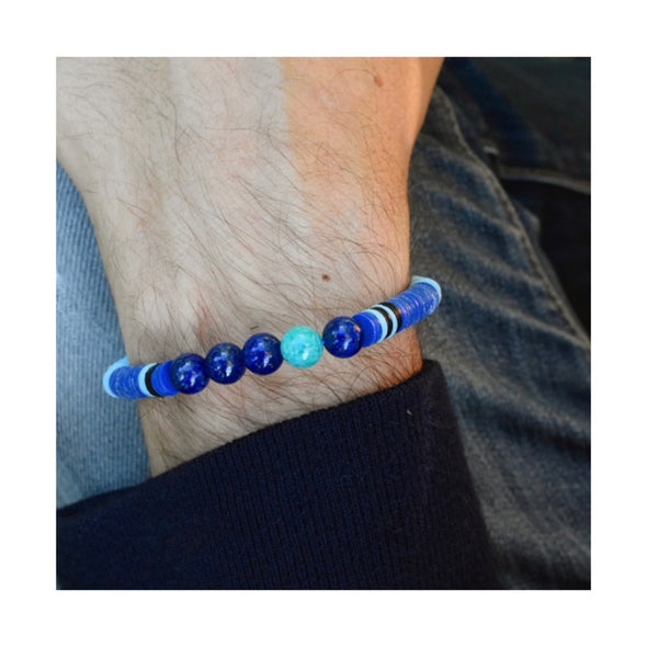 Bracelet Aloha Perlé Argent, perles de Lapis Lazuli et d'Amazonite