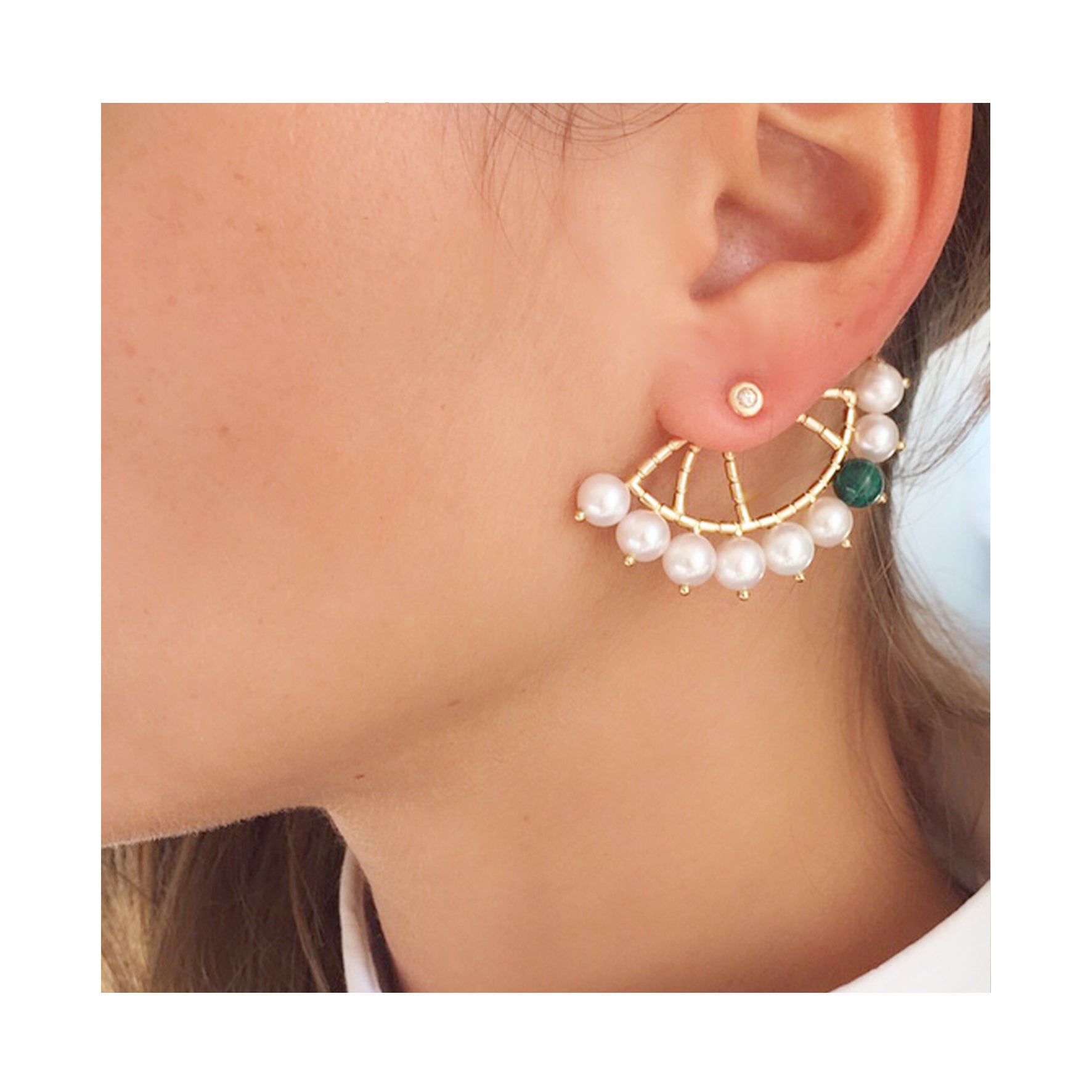 Mono boucle d'oreille Constellation Or jaune, Perles, Malachite et Diamant