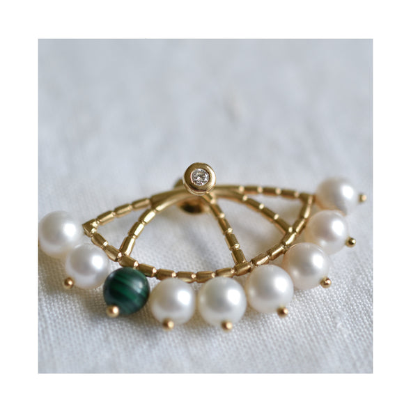 Mono boucle d'oreille Constellation Or jaune, Perles, Malachite et Diamant