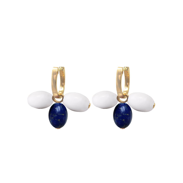 Créole Tiare Charm Or jaune, perles d'Agate blanche et de Lapis Lazuli